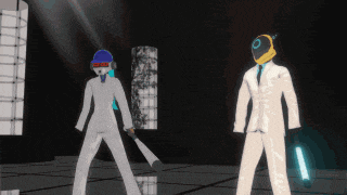 a man in a white suit holding a bat stands next to another man
