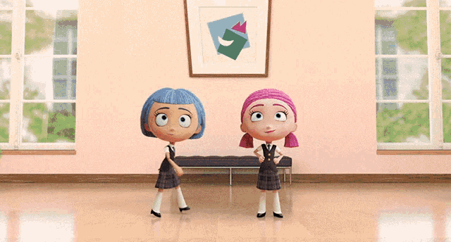 two cartoon characters are dancing in a room with a picture on the wall behind them