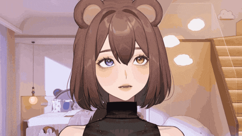 a girl with brown hair and two different colored eyes is wearing a teddy bear hat