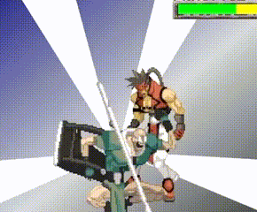 a pixel art of a man fighting another man with a green bar in the background
