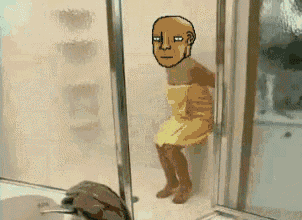 a cartoon of a bald man wrapped in a towel standing in a shower .