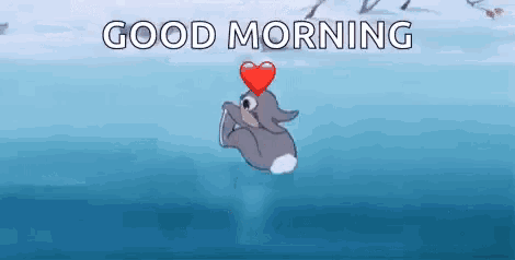 a cartoon rabbit is floating in the water with a red heart in its mouth .