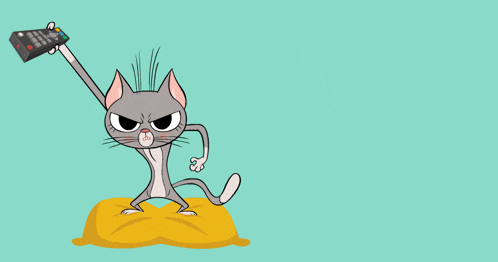 a cartoon cat is holding a tv remote