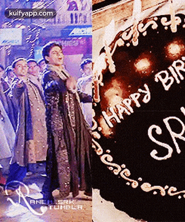 a group of men are standing next to a cake that says happy birthday