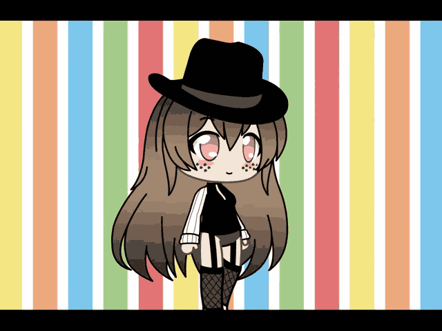 a girl wearing a top hat and stockings is standing in front of a colorful striped background