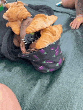 a person with croissants on their head and a bandana with eggplant on it