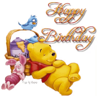 a winnie the pooh and piglet birthday card with a bird in a basket