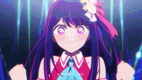 a girl with purple hair and a flower on her head