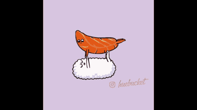 a cartoon drawing of a piece of sushi standing on top of a sushi roll