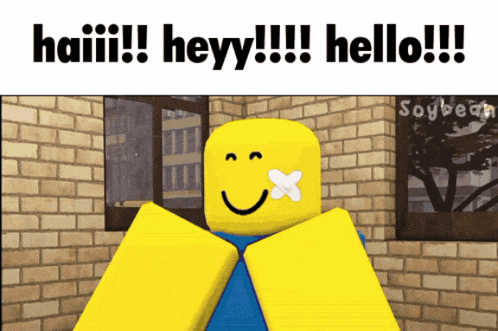 a yellow robot with a bandage on his mouth says haiii heyy hello