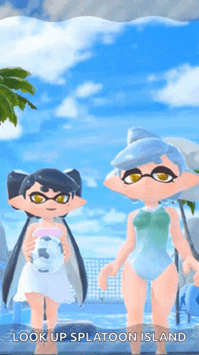 two cartoon characters standing next to each other with the words look up splatoon island above them