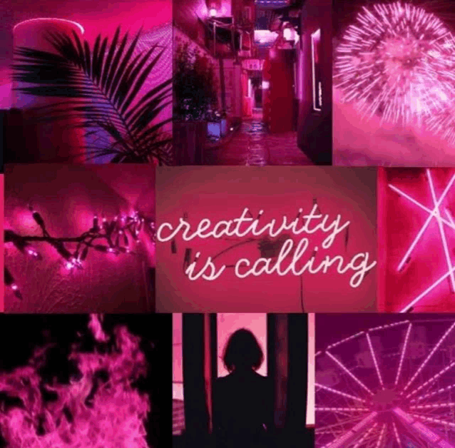 a collage of pink images with the words creativity is calling on the top
