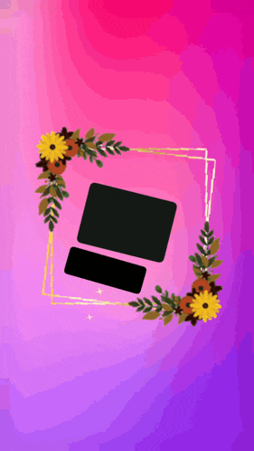 a pink and purple background with a black square in the center