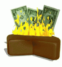 a brown wallet filled with burning dollar bills