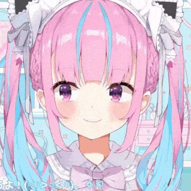 a girl with pink and blue hair wearing a white hat