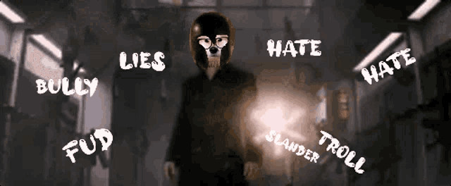 a man wearing a mask is surrounded by words such as lies bully and fud