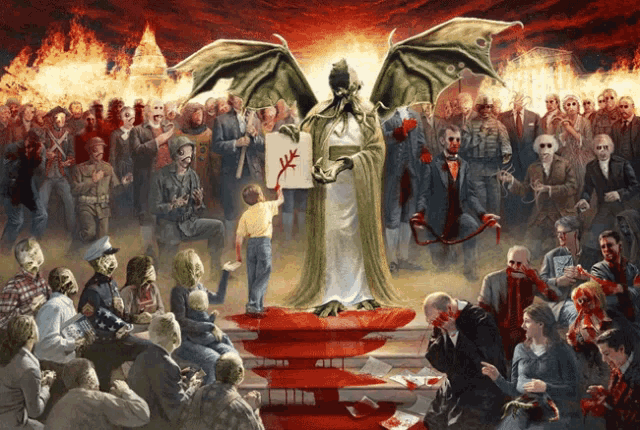 a painting of a demon holding a piece of paper with a red cross on it in front of a crowd of people