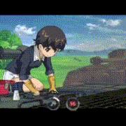 a girl is kneeling down next to a tank in a field .