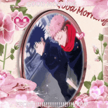 a picture of two anime characters with the words " good morning " above them
