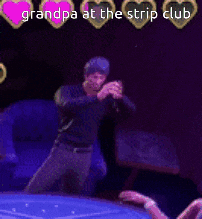 a man is dancing in a strip club with the words grandpa at the strip club behind him