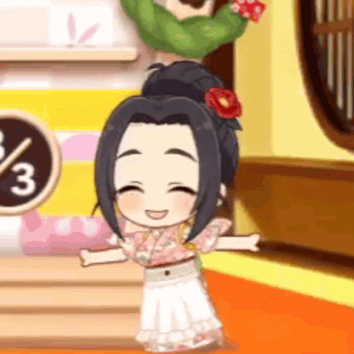 a cartoon girl is standing in a room with her arms outstretched and a flower in her hair .