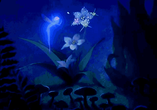 a painting of flowers and mushrooms with fairy wings