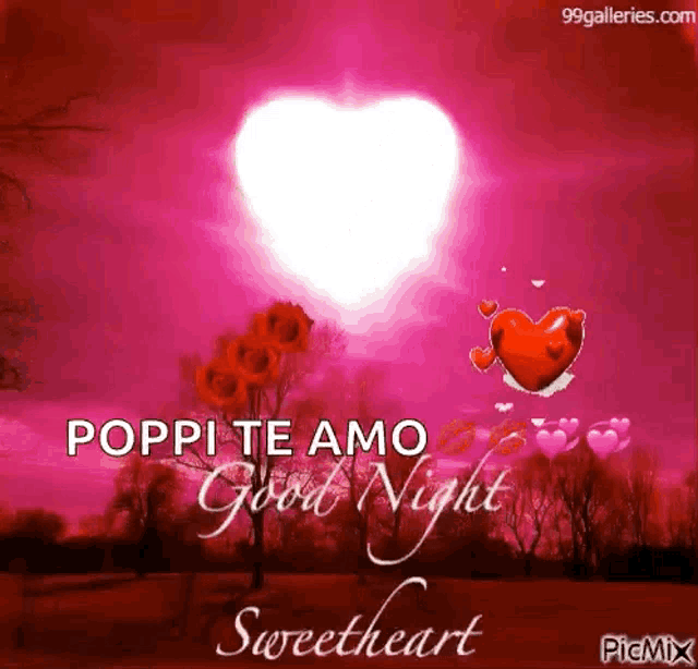 a pink background with a heart in the middle and the words poppi te amo good night sweetheart .