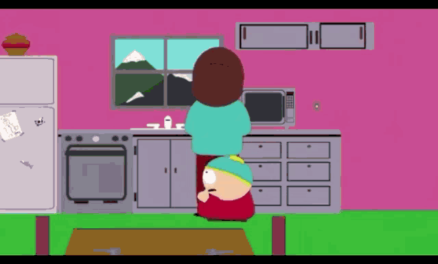 a cartoon of two people in a kitchen with a microwave and a refrigerator