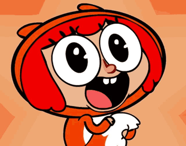 a cartoon drawing of a girl with red hair and big white eyes
