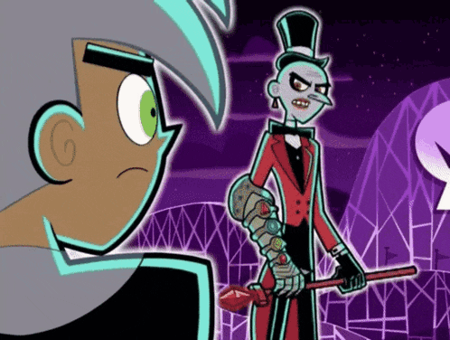a cartoon character with a top hat and a cane stands next to another character