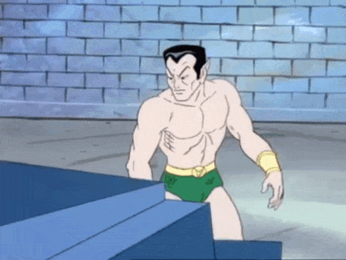 a cartoon of a shirtless man in green underwear standing on stairs