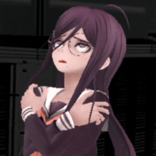a girl with long purple hair and glasses is hugging herself in a dark room