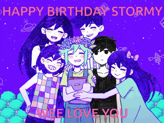 a group of anime characters on a purple background with the words happy birthday stormy we love you on the bottom
