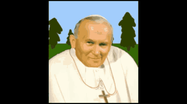 a drawing of a man with a cross around his neck and trees in the background