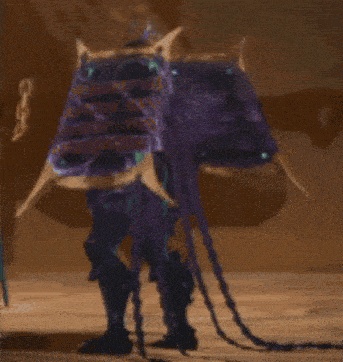 a person in a purple costume is standing on a wooden floor ..