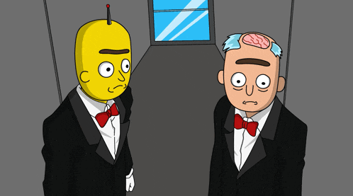 two cartoon characters standing next to each other one with a yellow head and one with a bald head
