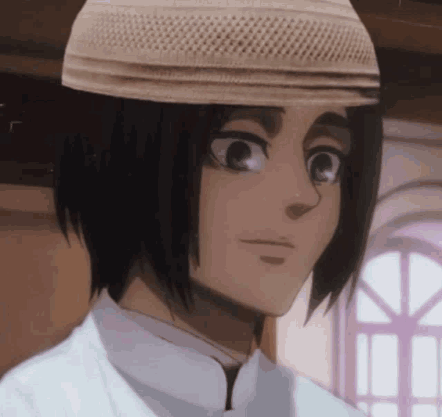 a close up of a person wearing a white hat and a white shirt