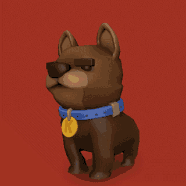 a cartoon dog wearing a blue collar and a yellow tag that says k