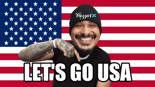 a man in front of an american flag with the words let 's go usa on it