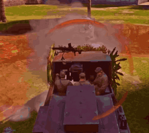 a group of soldiers are sitting in a vehicle with a circle in the middle