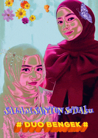 a couple of women standing next to each other with the words salam santun setiaku duo bengek #