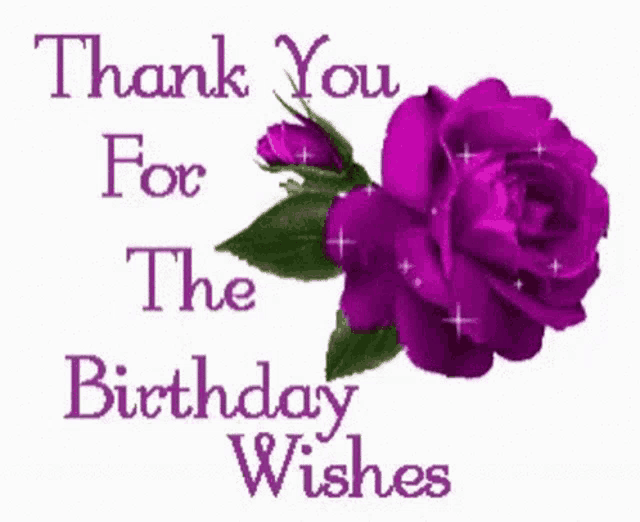 a purple rose with the words thank you for the birthday wishes below it
