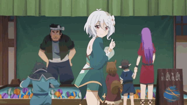 a group of anime characters are standing in front of a sign that says ' a ' on it