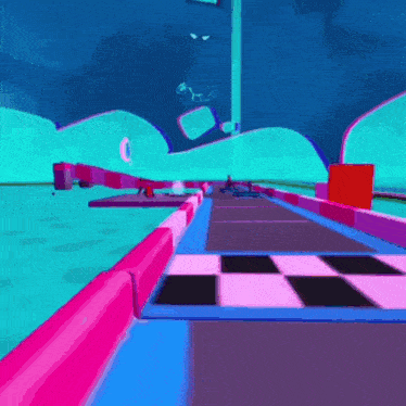 a person is riding a roller coaster in a video game with a checkered floor .