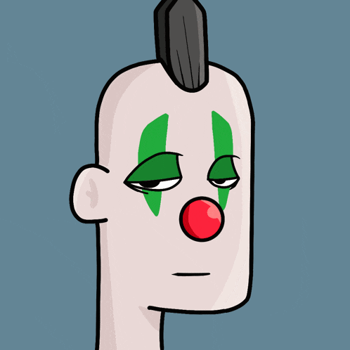 a cartoon of a clown with a red nose and green eyes