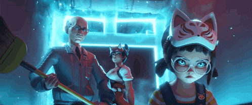a group of cartoon characters including a girl wearing a cat mask and glasses