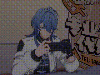 a cartoon character with blue hair is taking a selfie with his phone .