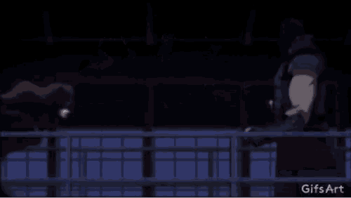 two cartoon characters are standing next to each other on a balcony in the dark .
