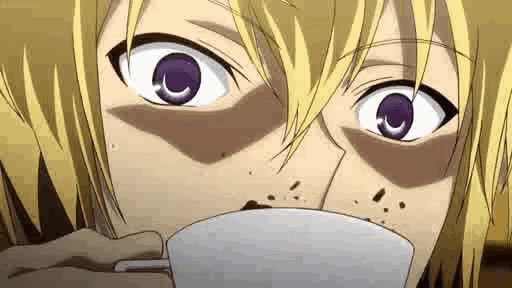 a close up of a person drinking from a cup with purple eyes .