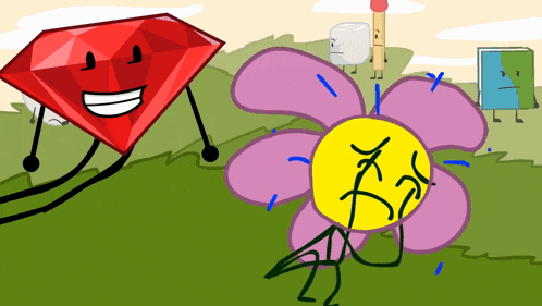 a cartoon drawing of a diamond and a flower with a sad face